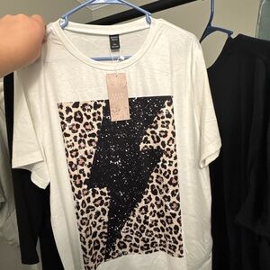 White T-Shirt with Leopard Print Lightning Bolt